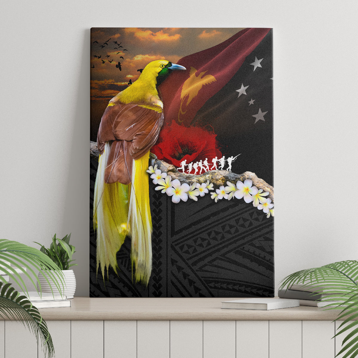 Papua New Guinea Remembrance Day Canvas Wall Art Bird of Paradise Plumeria Flower and Polynesian Pattern LT03 - Polynesian Pride