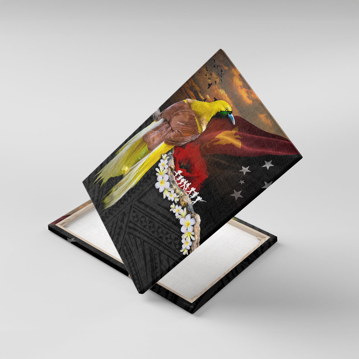 Papua New Guinea Remembrance Day Canvas Wall Art Bird of Paradise Plumeria Flower and Polynesian Pattern LT03 With Frame Black - Polynesian Pride