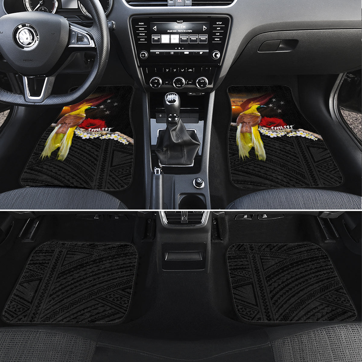 Papua New Guinea Remembrance Day Car Mats Bird of Paradise Plumeria Flower and Polynesian Pattern LT03 Set 4pcs Black - Polynesian Pride