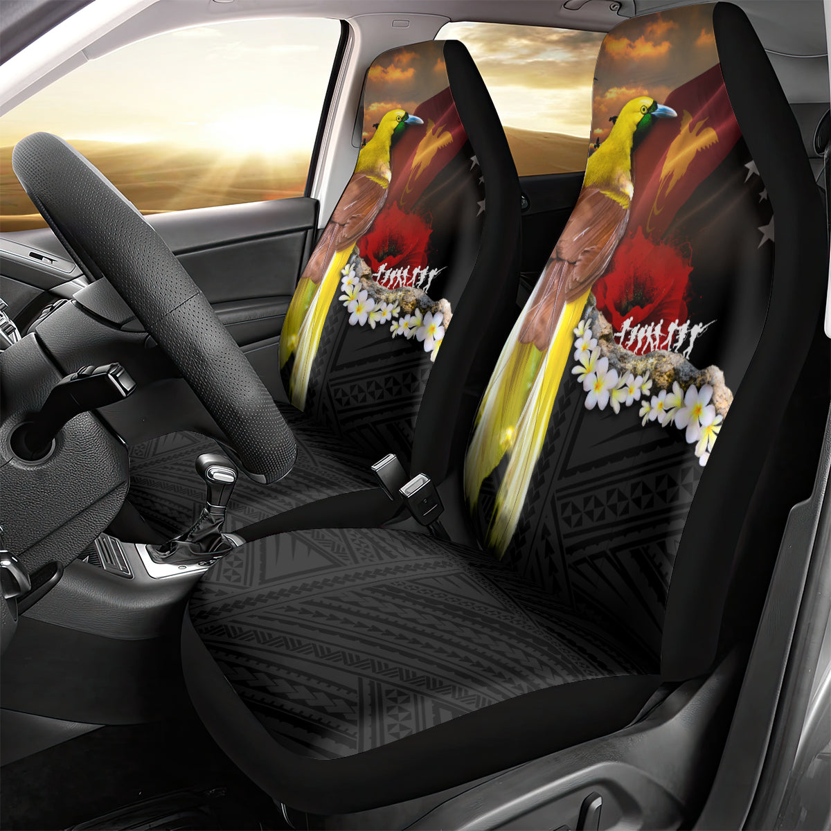Papua New Guinea Remembrance Day Car Seat Cover Bird of Paradise Plumeria Flower and Polynesian Pattern