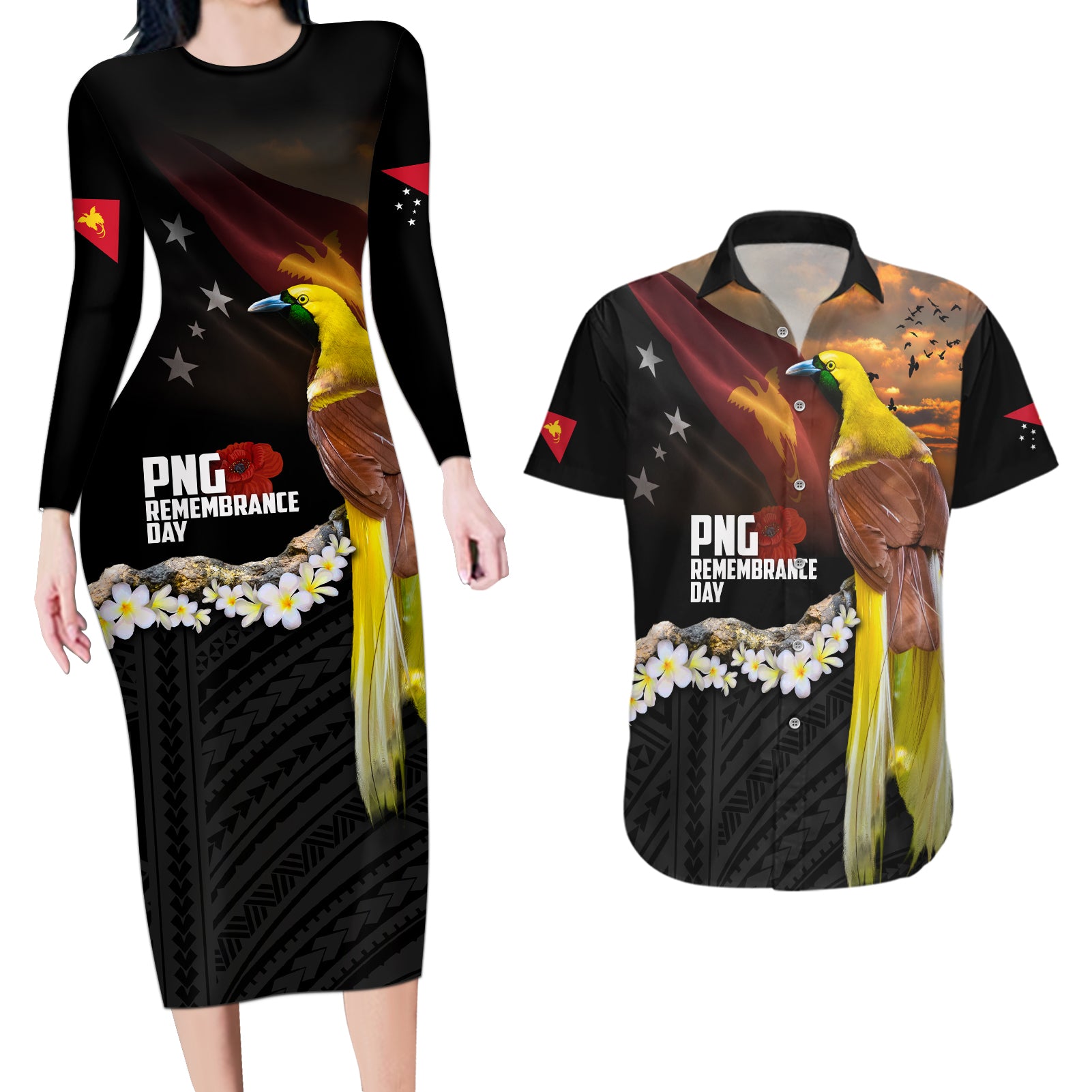 Papua New Guinea Remembrance Day Couples Matching Long Sleeve Bodycon Dress and Hawaiian Shirt Bird of Paradise Plumeria Flower and Polynesian Pattern