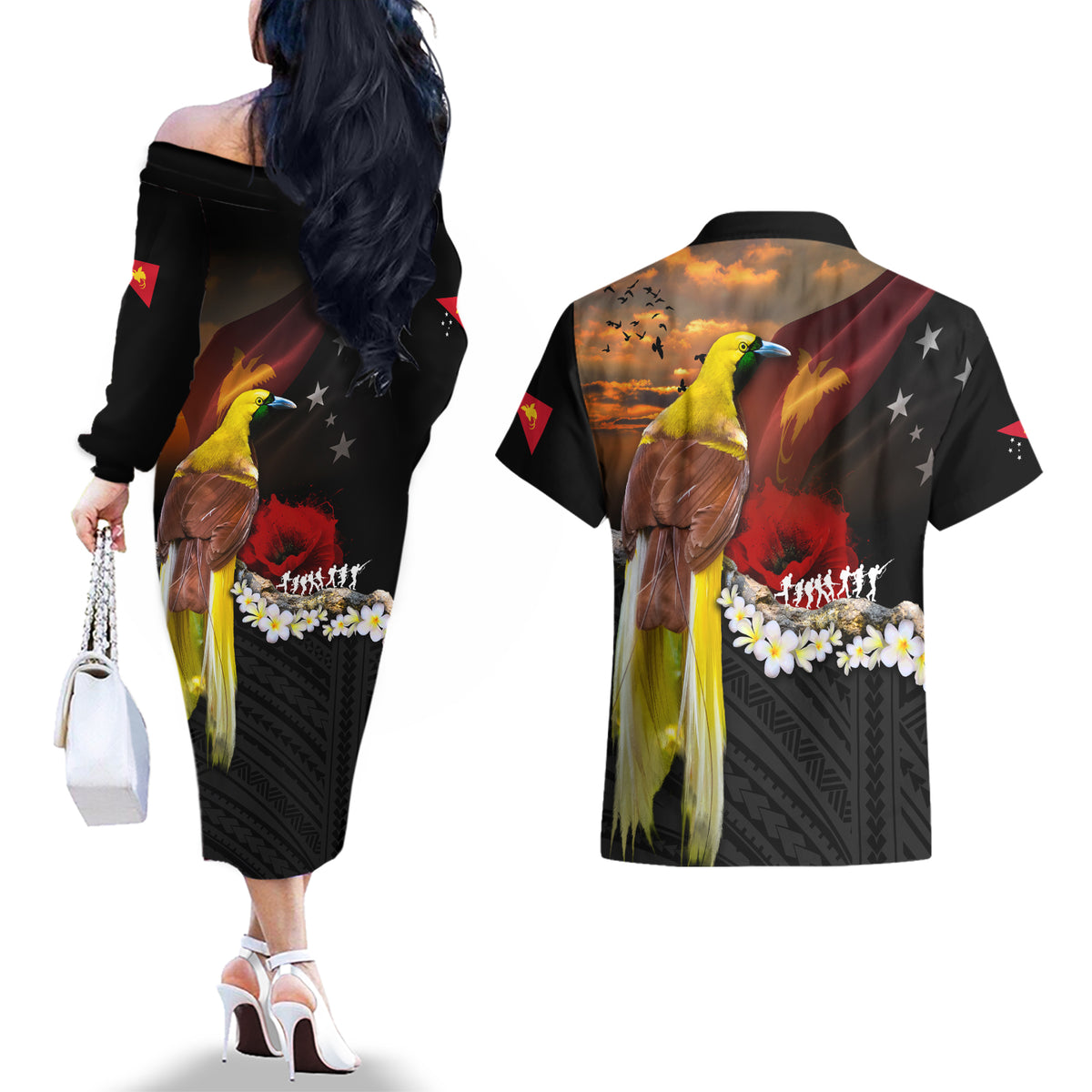 Papua New Guinea Remembrance Day Couples Matching Off The Shoulder Long Sleeve Dress and Hawaiian Shirt Bird of Paradise Plumeria Flower and Polynesian Pattern