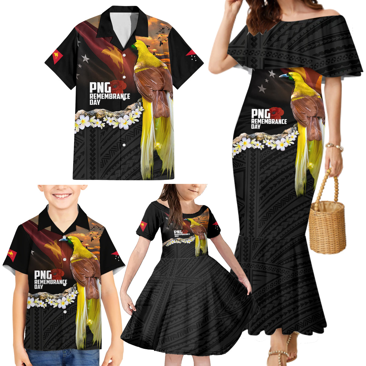 Papua New Guinea Remembrance Day Family Matching Mermaid Dress and Hawaiian Shirt Bird of Paradise Plumeria Flower and Polynesian Pattern