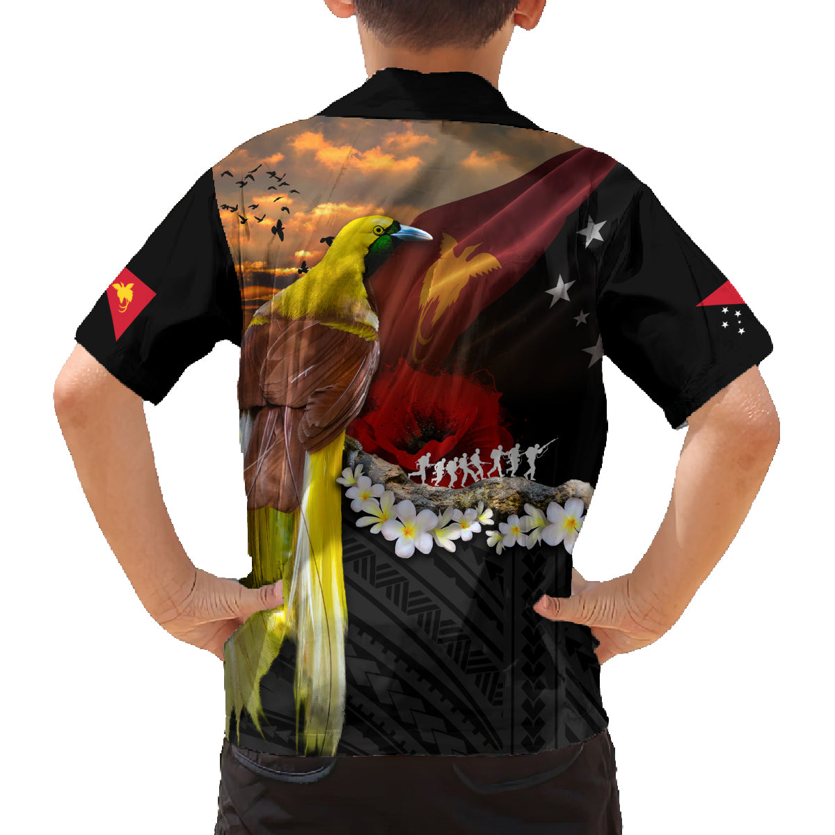 Papua New Guinea Remembrance Day Family Matching Off The Shoulder Long Sleeve Dress and Hawaiian Shirt Bird of Paradise Plumeria Flower and Polynesian Pattern