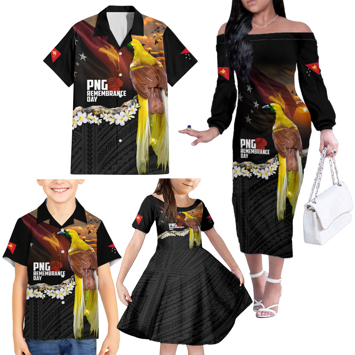 Papua New Guinea Remembrance Day Family Matching Off The Shoulder Long Sleeve Dress and Hawaiian Shirt Bird of Paradise Plumeria Flower and Polynesian Pattern LT03 - Polynesian Pride