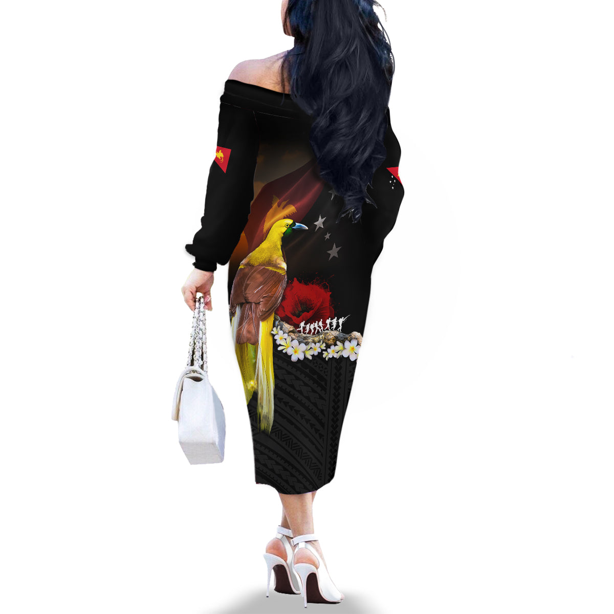 Papua New Guinea Remembrance Day Family Matching Off The Shoulder Long Sleeve Dress and Hawaiian Shirt Bird of Paradise Plumeria Flower and Polynesian Pattern