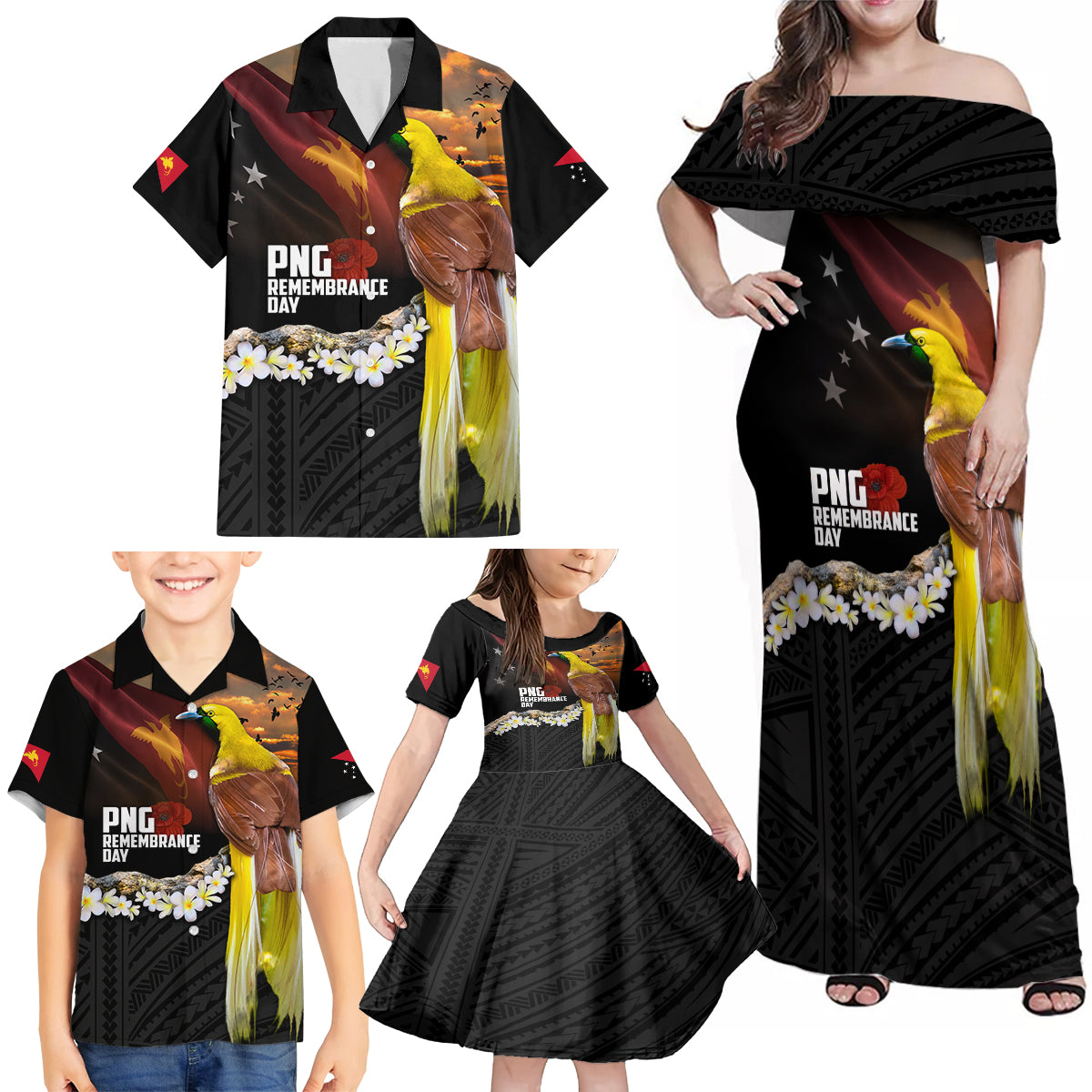 Papua New Guinea Remembrance Day Family Matching Off Shoulder Maxi Dress and Hawaiian Shirt Bird of Paradise Plumeria Flower and Polynesian Pattern