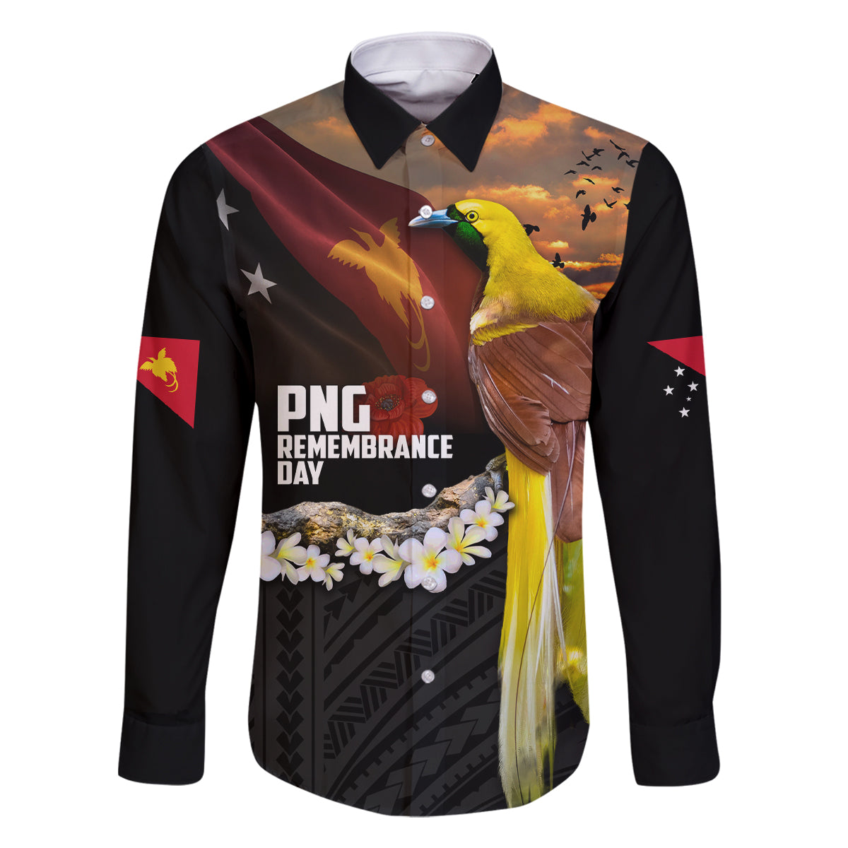 Papua New Guinea Remembrance Day Family Matching Off Shoulder Maxi Dress and Hawaiian Shirt Bird of Paradise Plumeria Flower and Polynesian Pattern