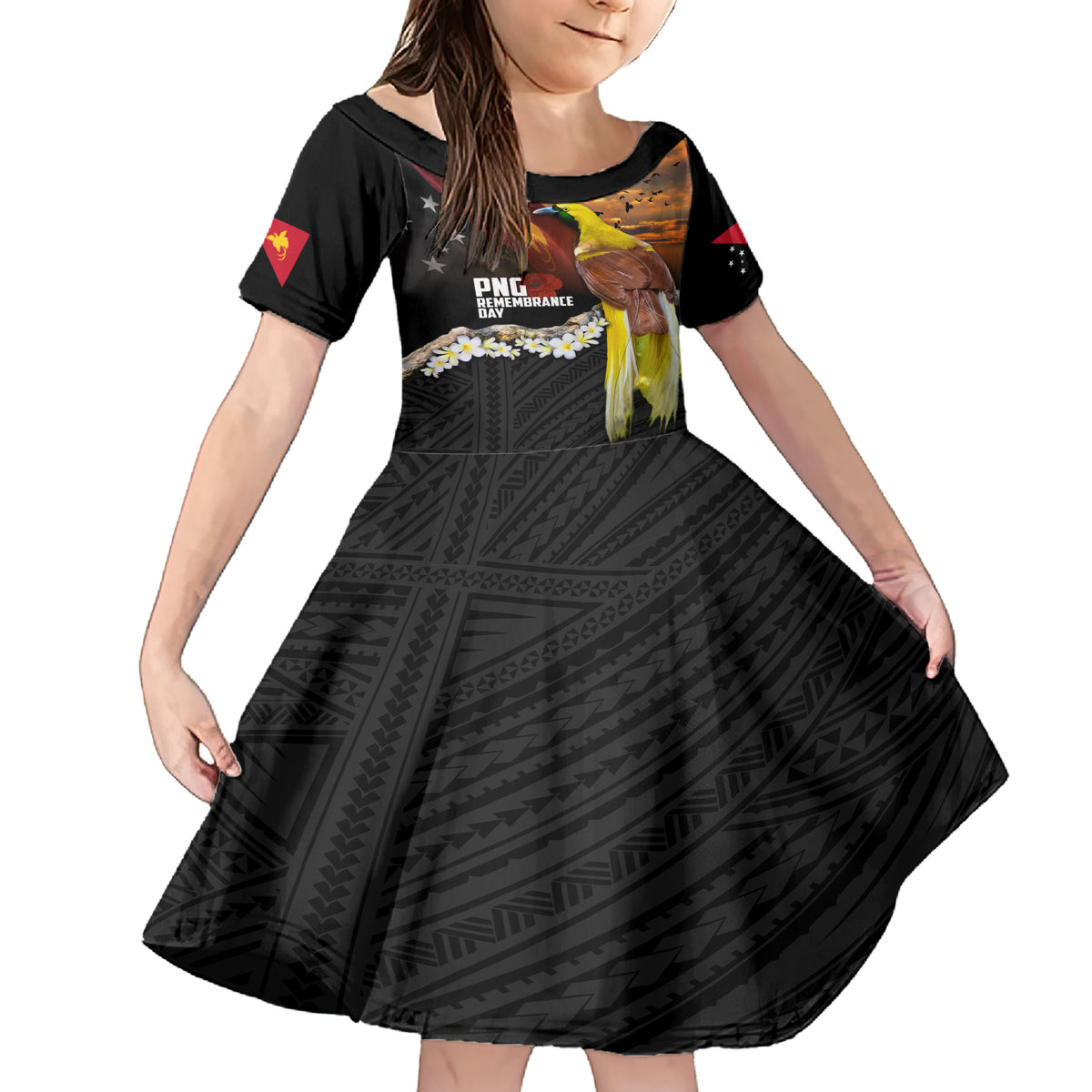 Papua New Guinea Remembrance Day Family Matching Short Sleeve Bodycon Dress and Hawaiian Shirt Bird of Paradise Plumeria Flower and Polynesian Pattern