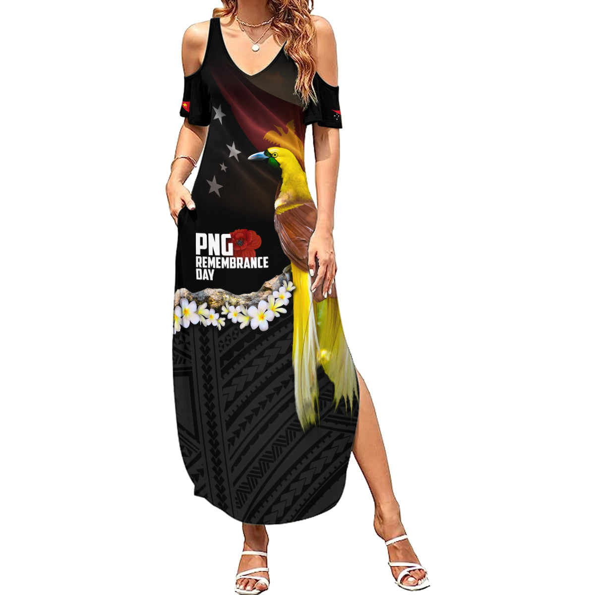Papua New Guinea Remembrance Day Family Matching Summer Maxi Dress and Hawaiian Shirt Bird of Paradise Plumeria Flower and Polynesian Pattern