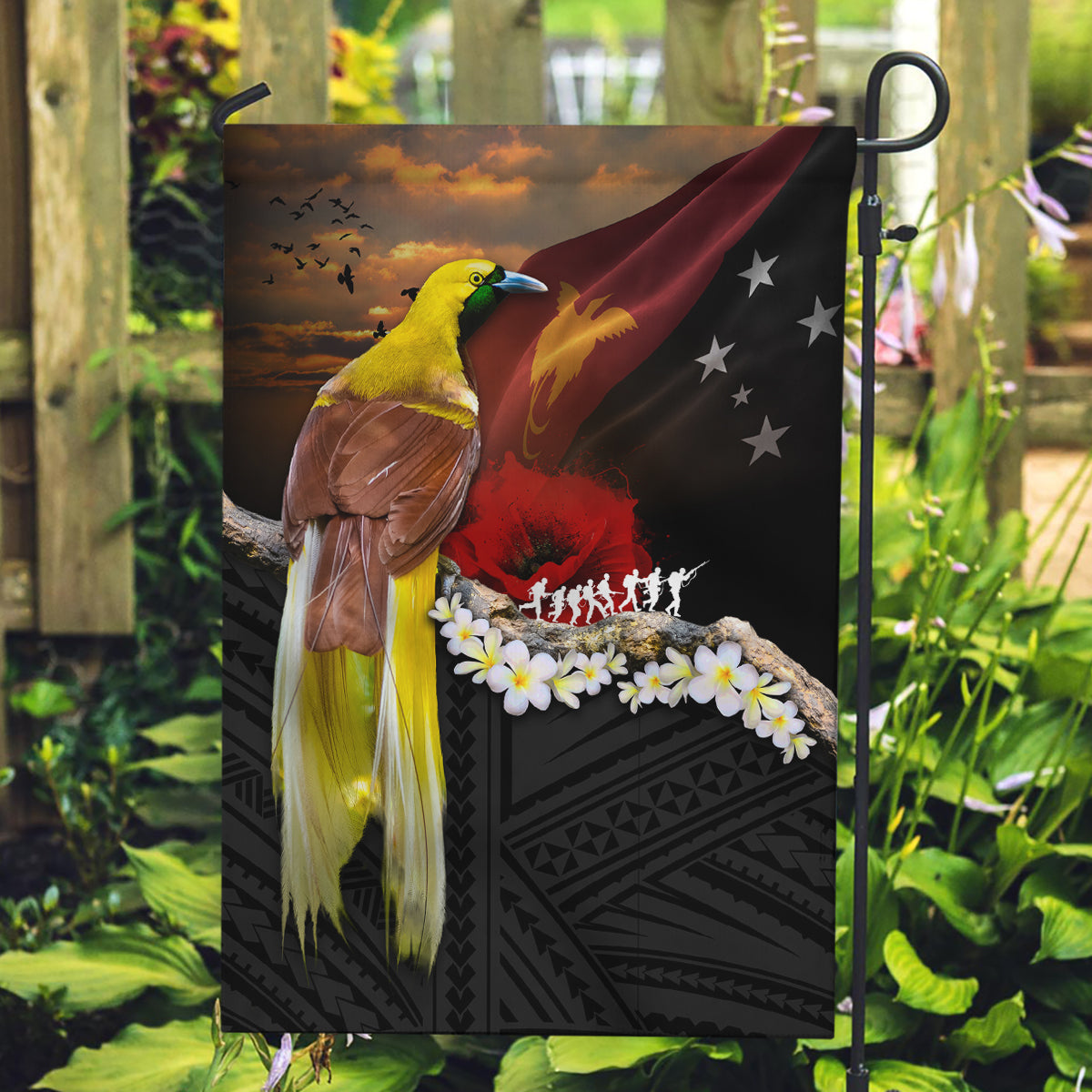Papua New Guinea Remembrance Day Garden Flag Bird of Paradise Plumeria Flower and Polynesian Pattern LT03 Garden Flag Black - Polynesian Pride