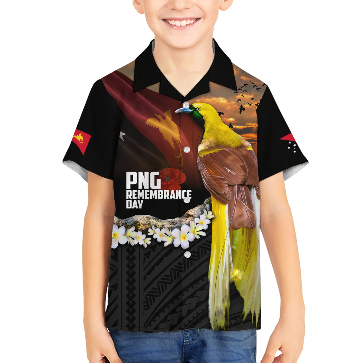 Papua New Guinea Remembrance Day Kid Hawaiian Shirt Bird of Paradise Plumeria Flower and Polynesian Pattern LT03 Kid Black - Polynesian Pride