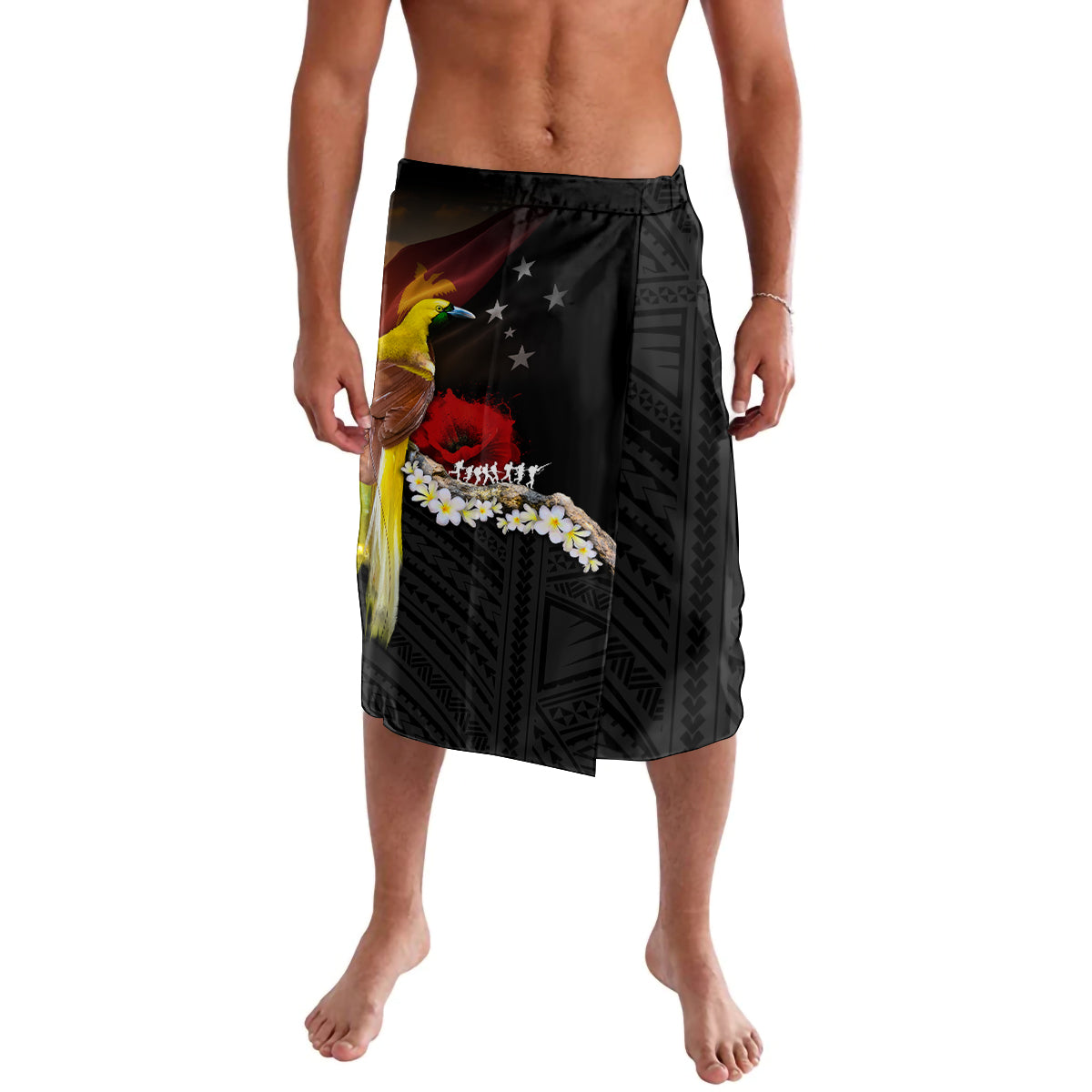 Papua New Guinea Remembrance Day Lavalava Bird of Paradise Plumeria Flower and Polynesian Pattern LT03 Black - Polynesian Pride
