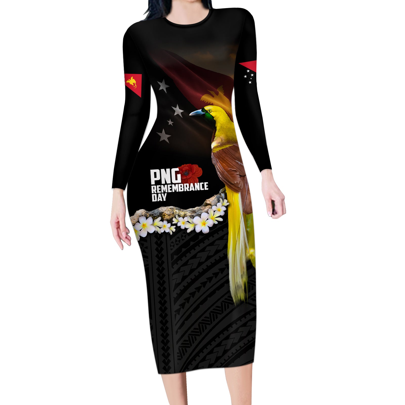 Papua New Guinea Remembrance Day Long Sleeve Bodycon Dress Bird of Paradise Plumeria Flower and Polynesian Pattern