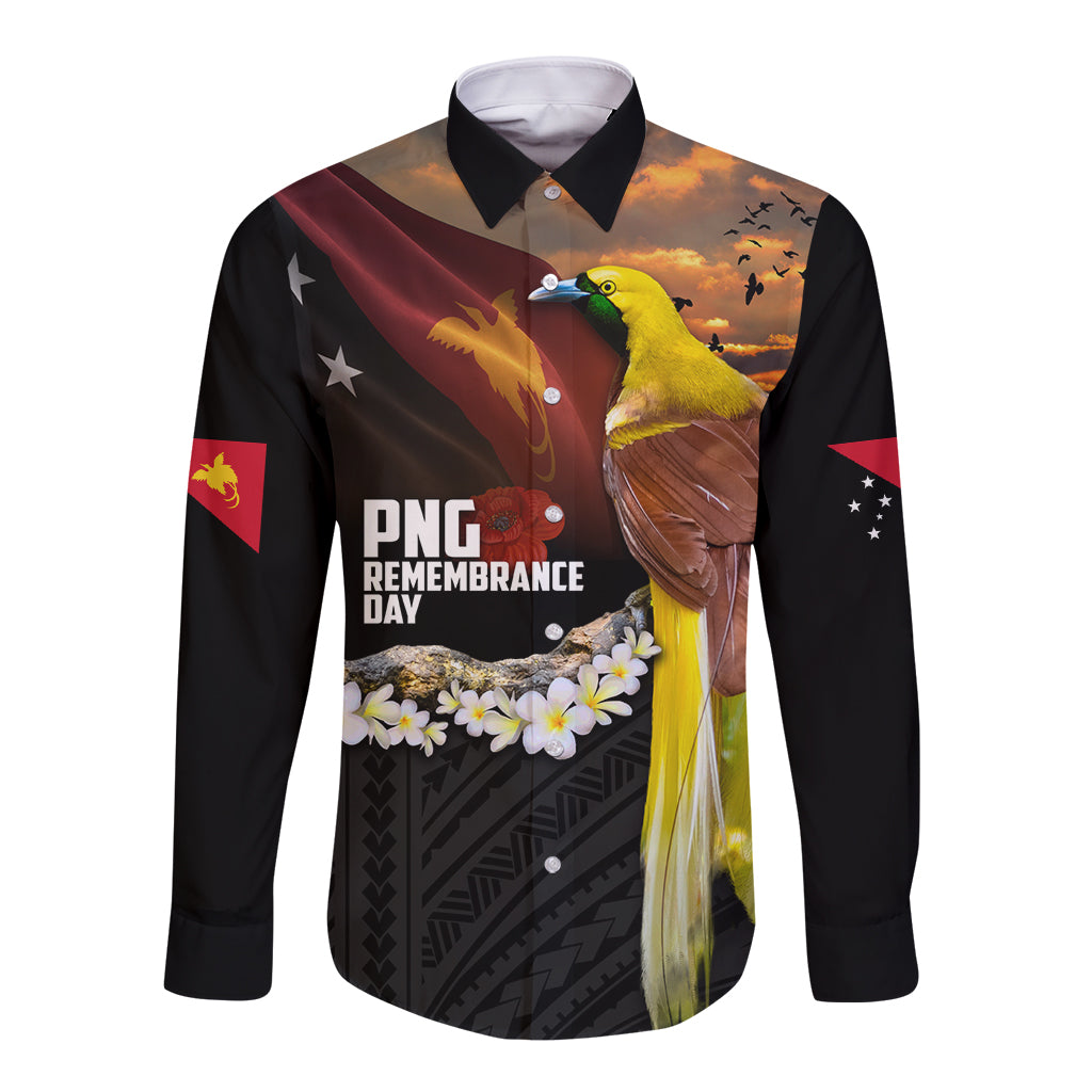 Papua New Guinea Remembrance Day Long Sleeve Button Shirt Bird of Paradise Plumeria Flower and Polynesian Pattern