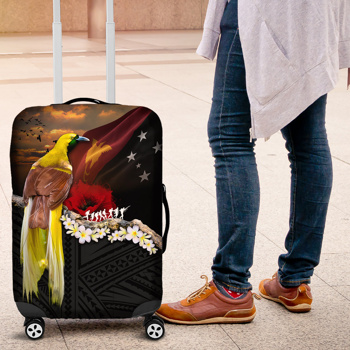 Papua New Guinea Remembrance Day Luggage Cover Bird of Paradise Plumeria Flower and Polynesian Pattern