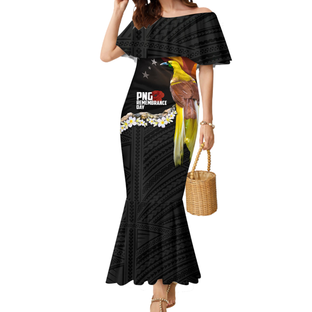 Papua New Guinea Remembrance Day Mermaid Dress Bird of Paradise Plumeria Flower and Polynesian Pattern