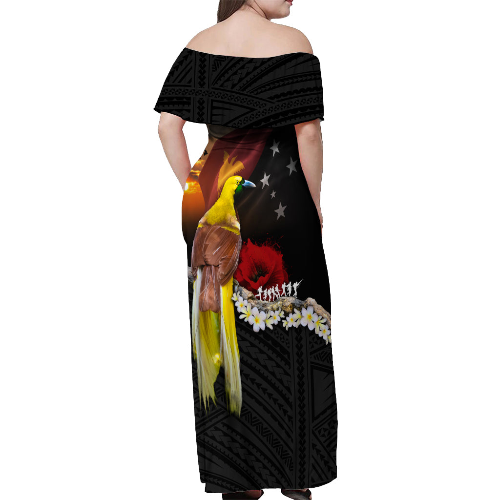 Papua New Guinea Remembrance Day Off Shoulder Maxi Dress Bird of Paradise Plumeria Flower and Polynesian Pattern