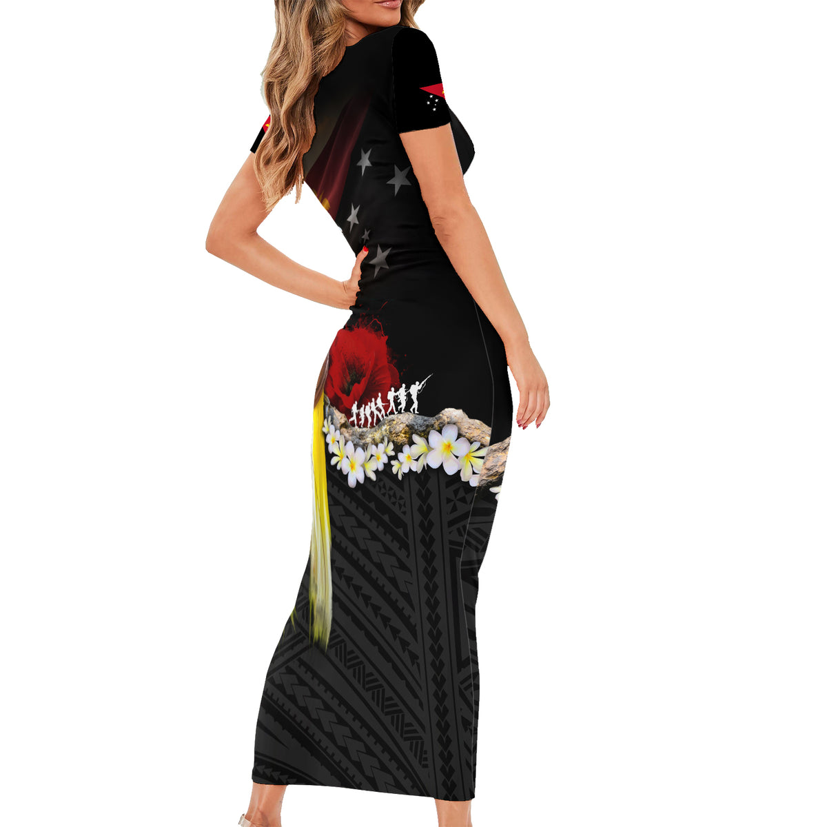 Papua New Guinea Remembrance Day Short Sleeve Bodycon Dress Bird of Paradise Plumeria Flower and Polynesian Pattern