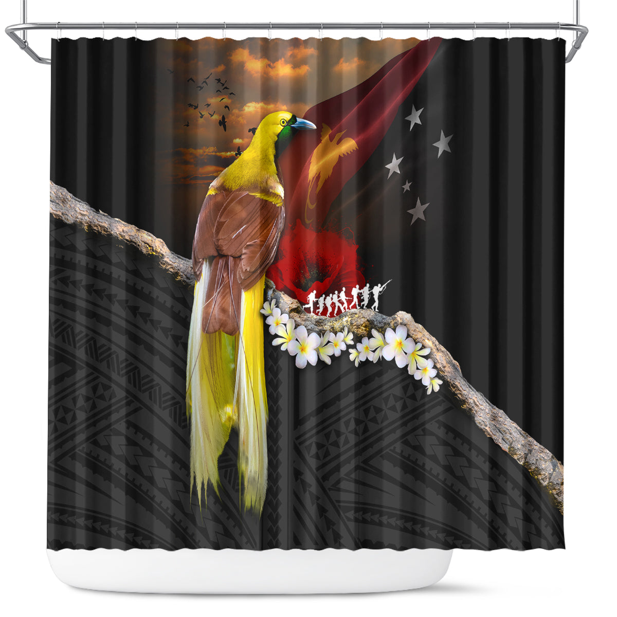 Papua New Guinea Remembrance Day Shower Curtain Bird of Paradise Plumeria Flower and Polynesian Pattern