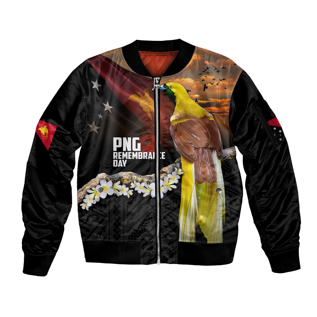 Papua New Guinea Remembrance Day Sleeve Zip Bomber Jacket Bird of Paradise Plumeria Flower and Polynesian Pattern LT03 Unisex Black - Polynesian Pride