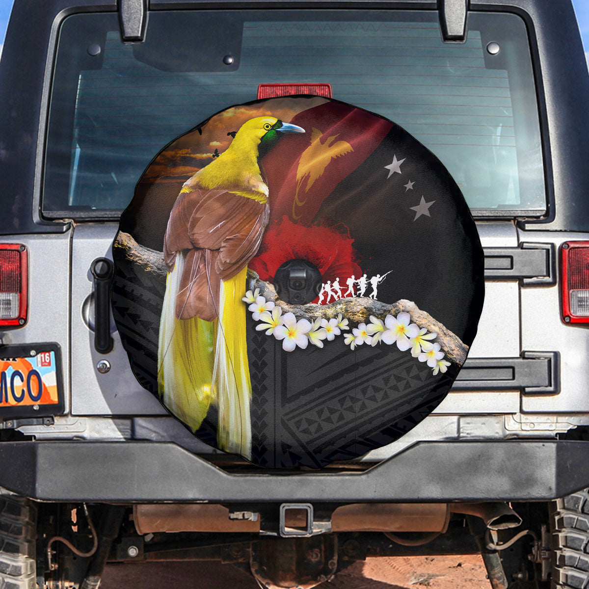 Papua New Guinea Remembrance Day Spare Tire Cover Bird of Paradise Plumeria Flower and Polynesian Pattern