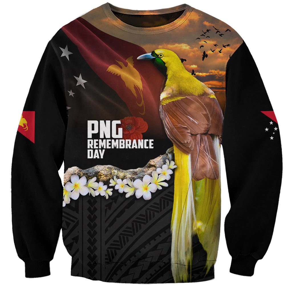 Papua New Guinea Remembrance Day Sweatshirt Bird of Paradise Plumeria Flower and Polynesian Pattern LT03 Unisex Black - Polynesian Pride