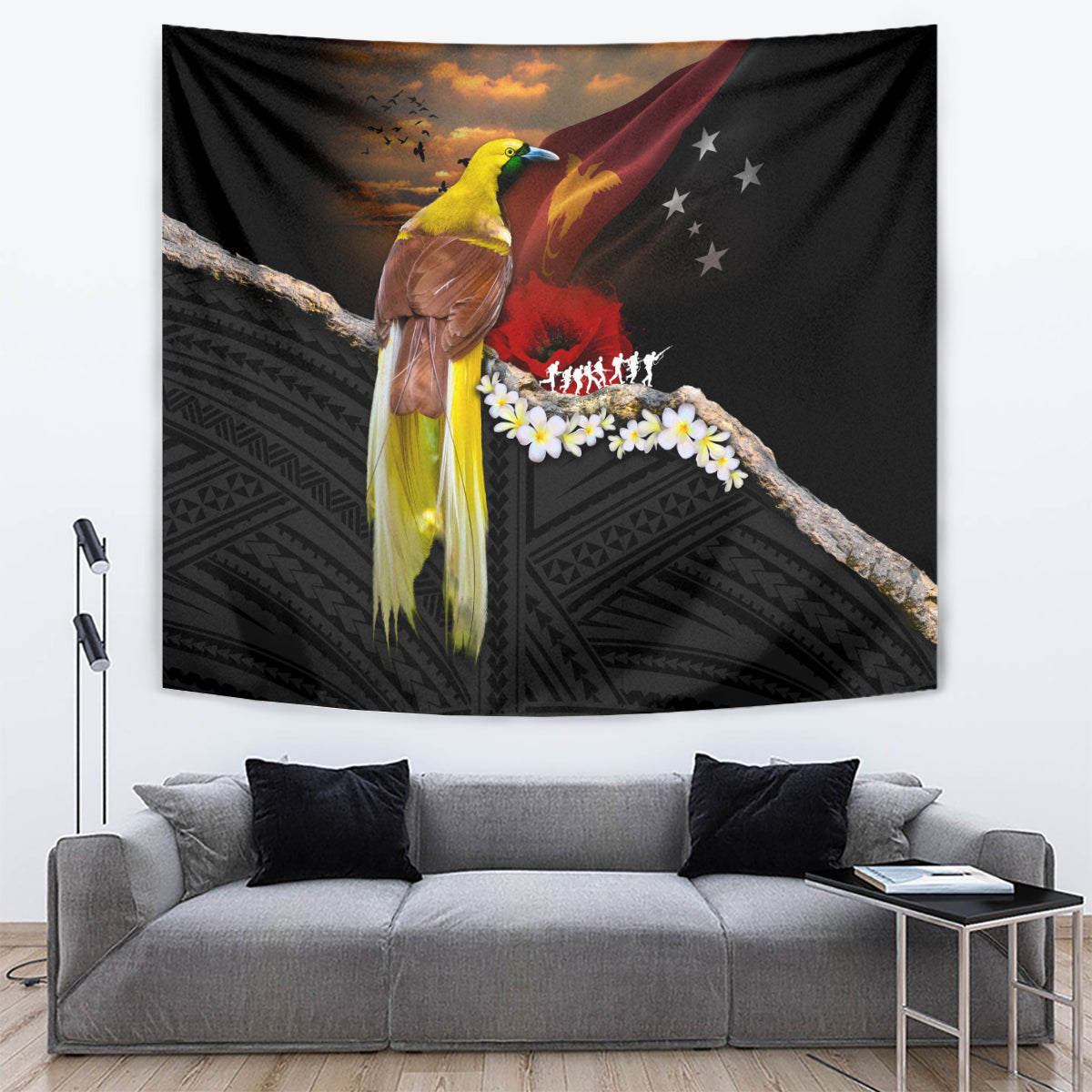 Papua New Guinea Remembrance Day Tapestry Bird of Paradise Plumeria Flower and Polynesian Pattern