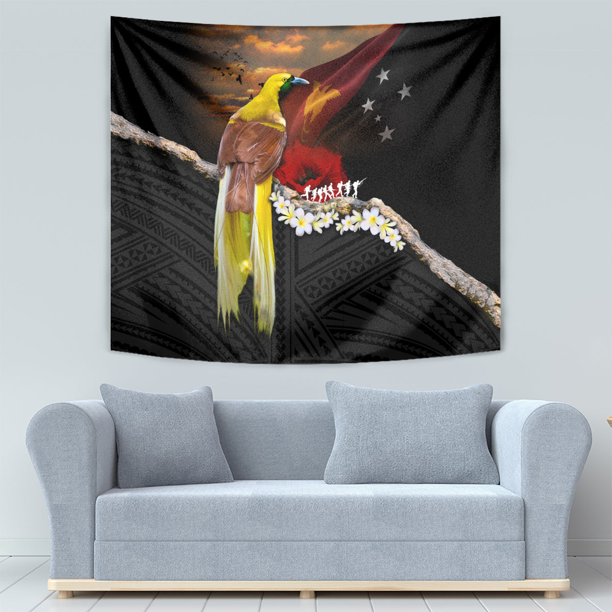 Papua New Guinea Remembrance Day Tapestry Bird of Paradise Plumeria Flower and Polynesian Pattern LT03 - Polynesian Pride