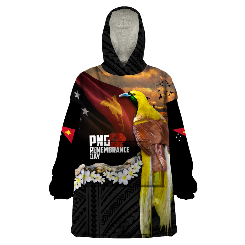 Papua New Guinea Remembrance Day Wearable Blanket Hoodie Bird of Paradise Plumeria Flower and Polynesian Pattern