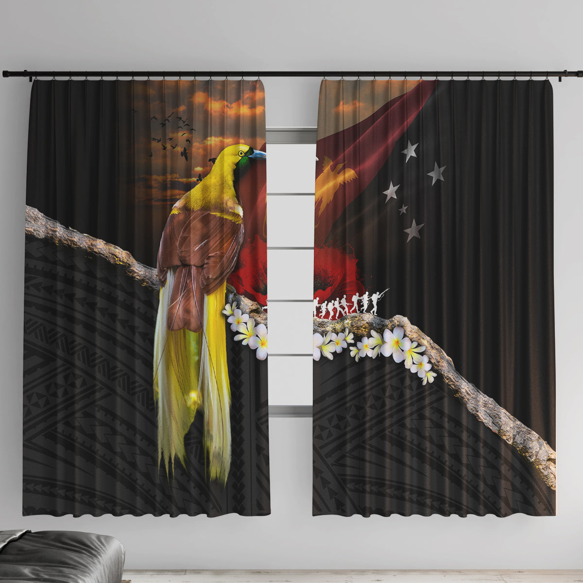 Papua New Guinea Remembrance Day Window Curtain Bird of Paradise Plumeria Flower and Polynesian Pattern