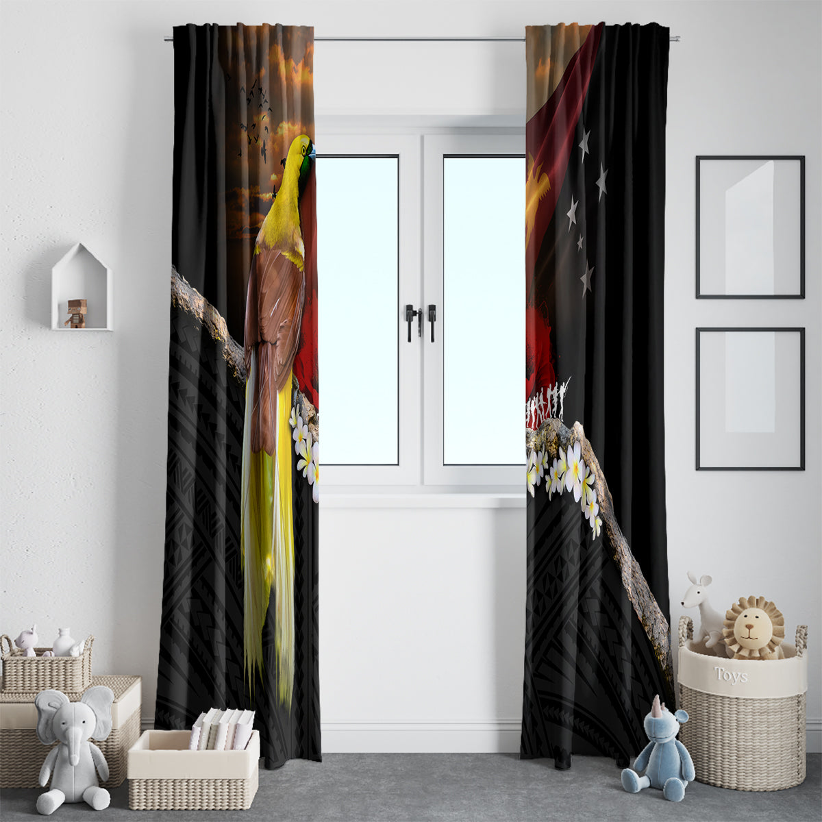 Papua New Guinea Remembrance Day Window Curtain Bird of Paradise Plumeria Flower and Polynesian Pattern LT03 - Polynesian Pride