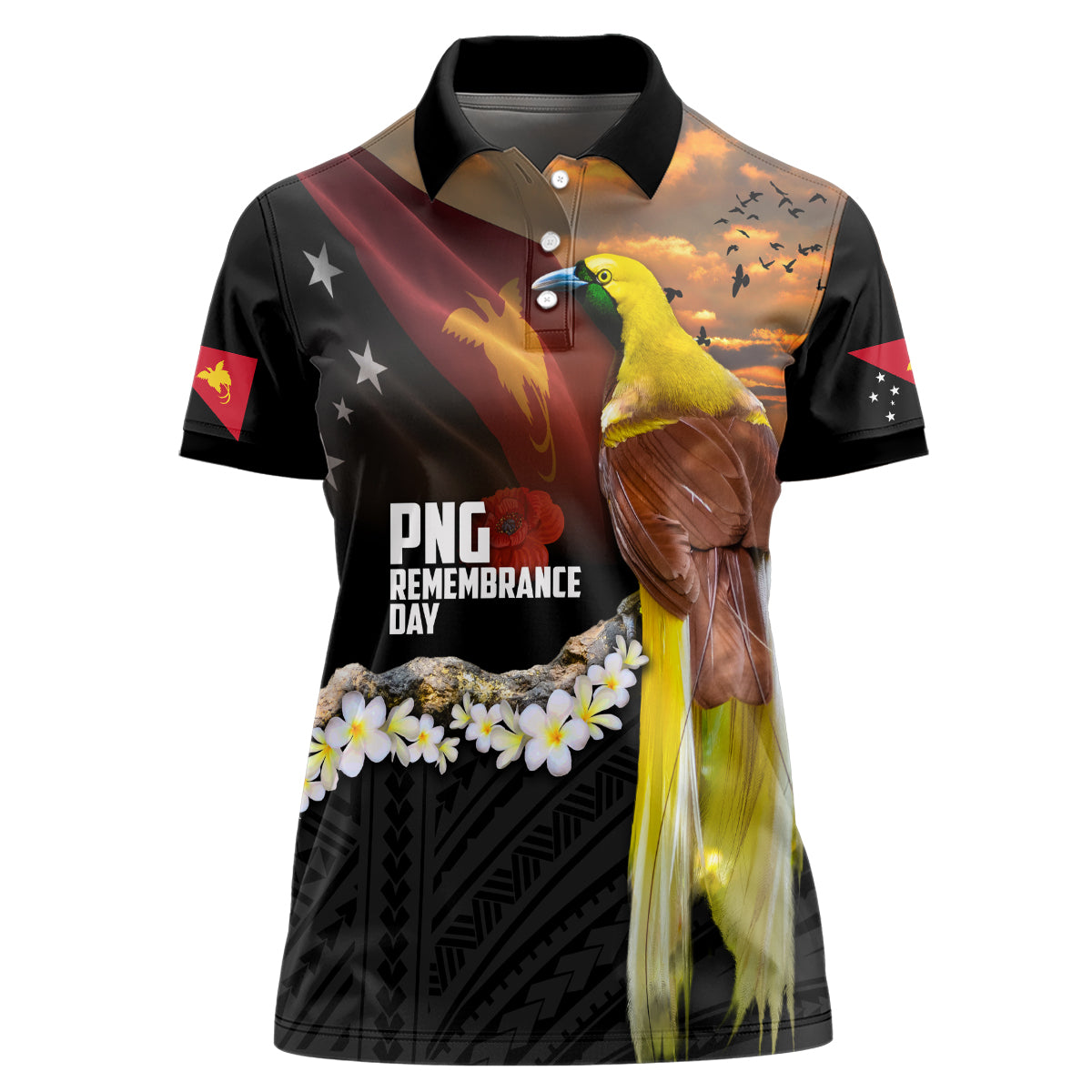 Papua New Guinea Remembrance Day Women Polo Shirt Bird of Paradise Plumeria Flower and Polynesian Pattern