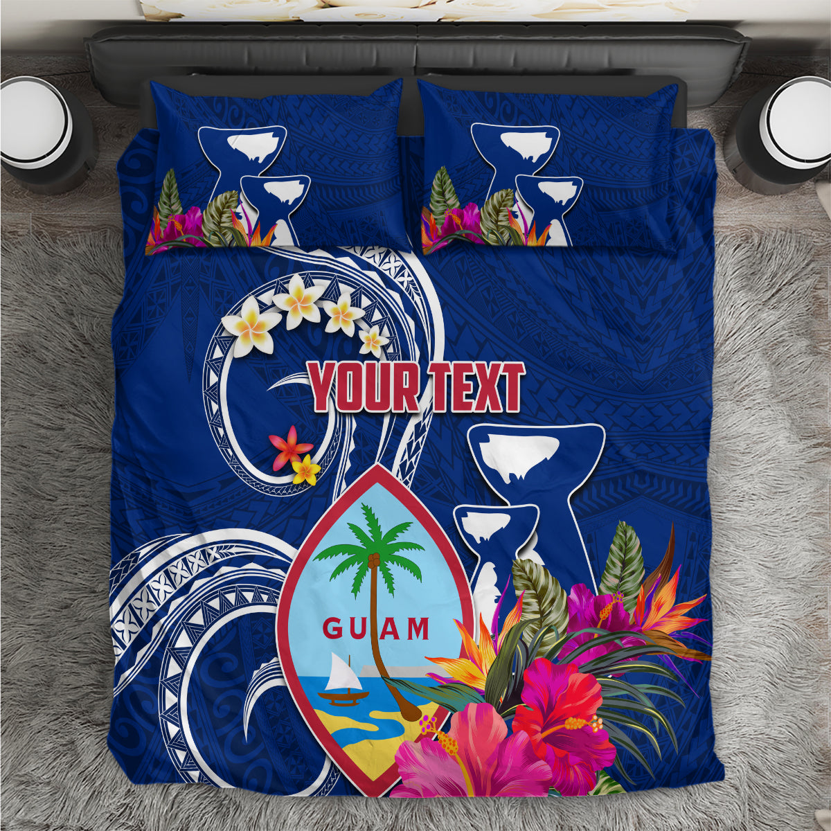 Personalised Guam Liberation Bedding Set Latte Stone and Guahan Seal Jungle Flower