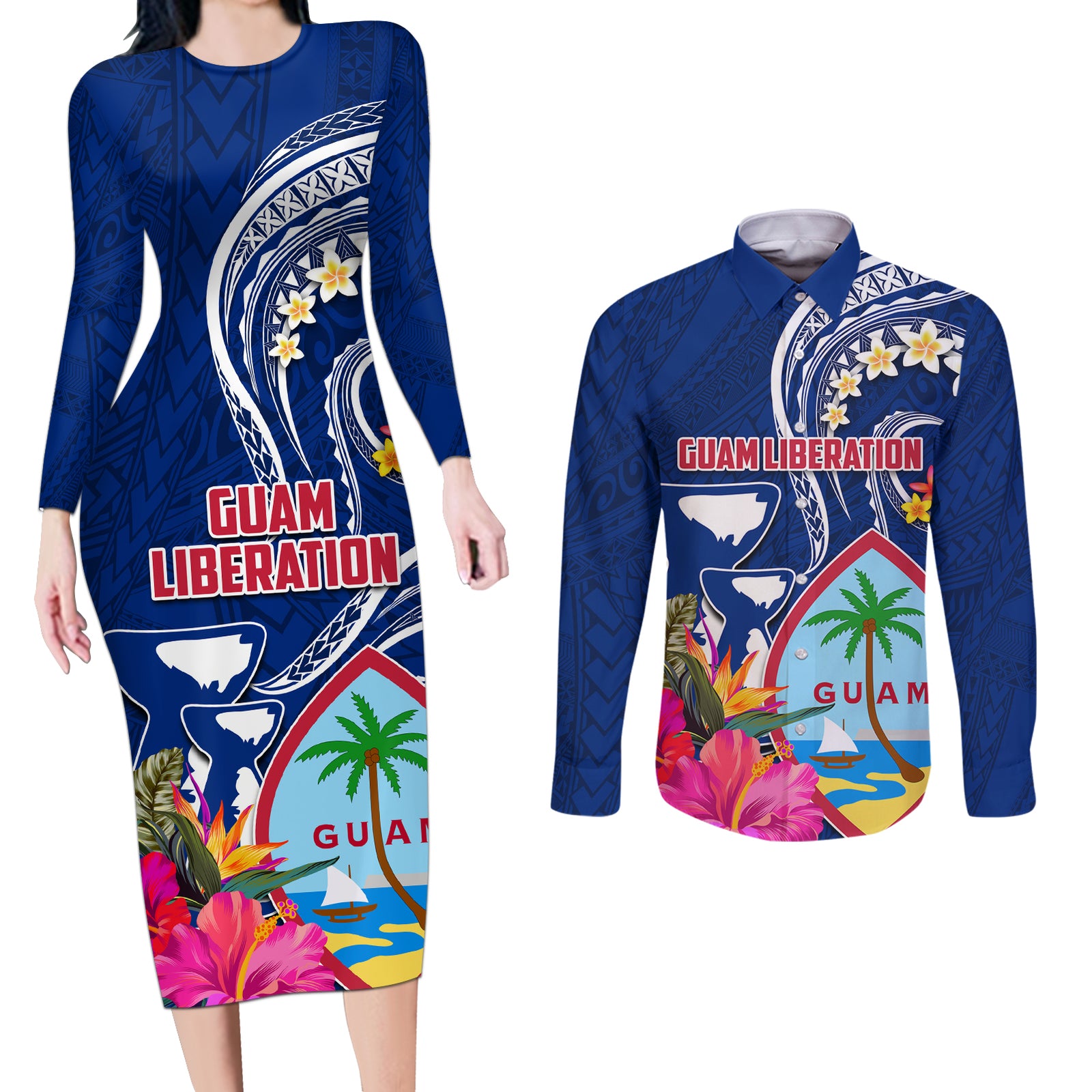 Guam Liberation Couples Matching Long Sleeve Bodycon Dress and Long Sleeve Button Shirt Latte Stone and Guahan Seal Jungle Flower
