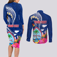 Guam Liberation Couples Matching Long Sleeve Bodycon Dress and Long Sleeve Button Shirt Latte Stone and Guahan Seal Jungle Flower