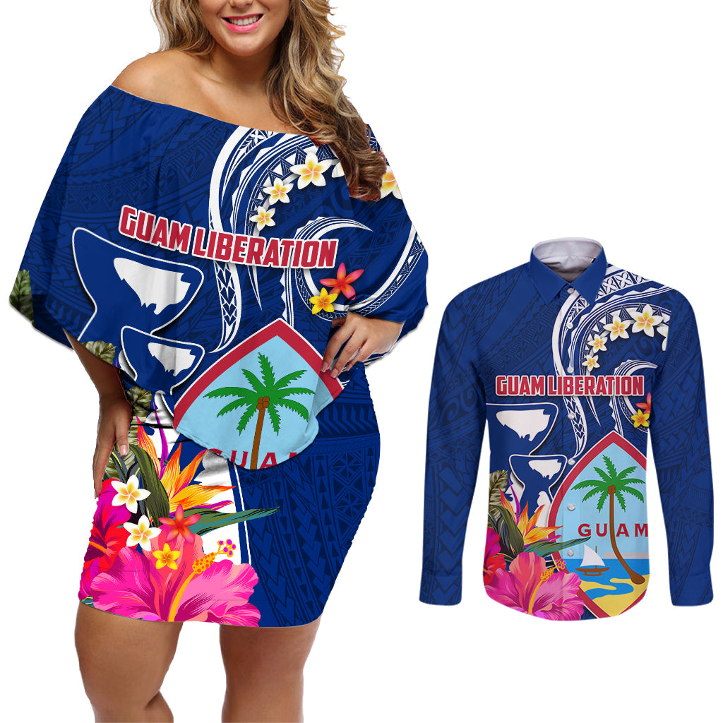 Guam Liberation Couples Matching Off Shoulder Short Dress and Long Sleeve Button Shirt Latte Stone and Guahan Seal Jungle Flower