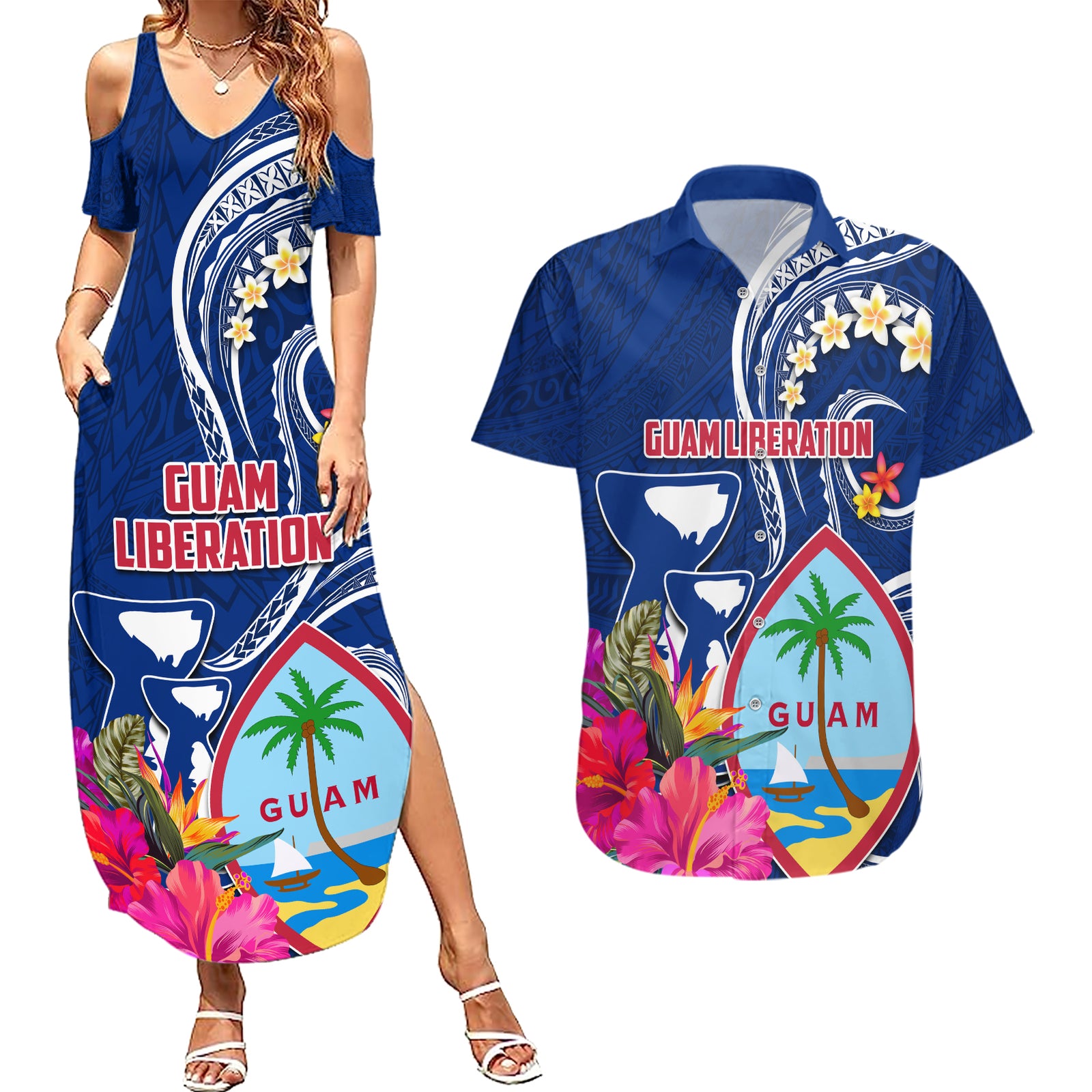 Guam Liberation Couples Matching Summer Maxi Dress and Hawaiian Shirt Latte Stone and Guahan Seal Jungle Flower