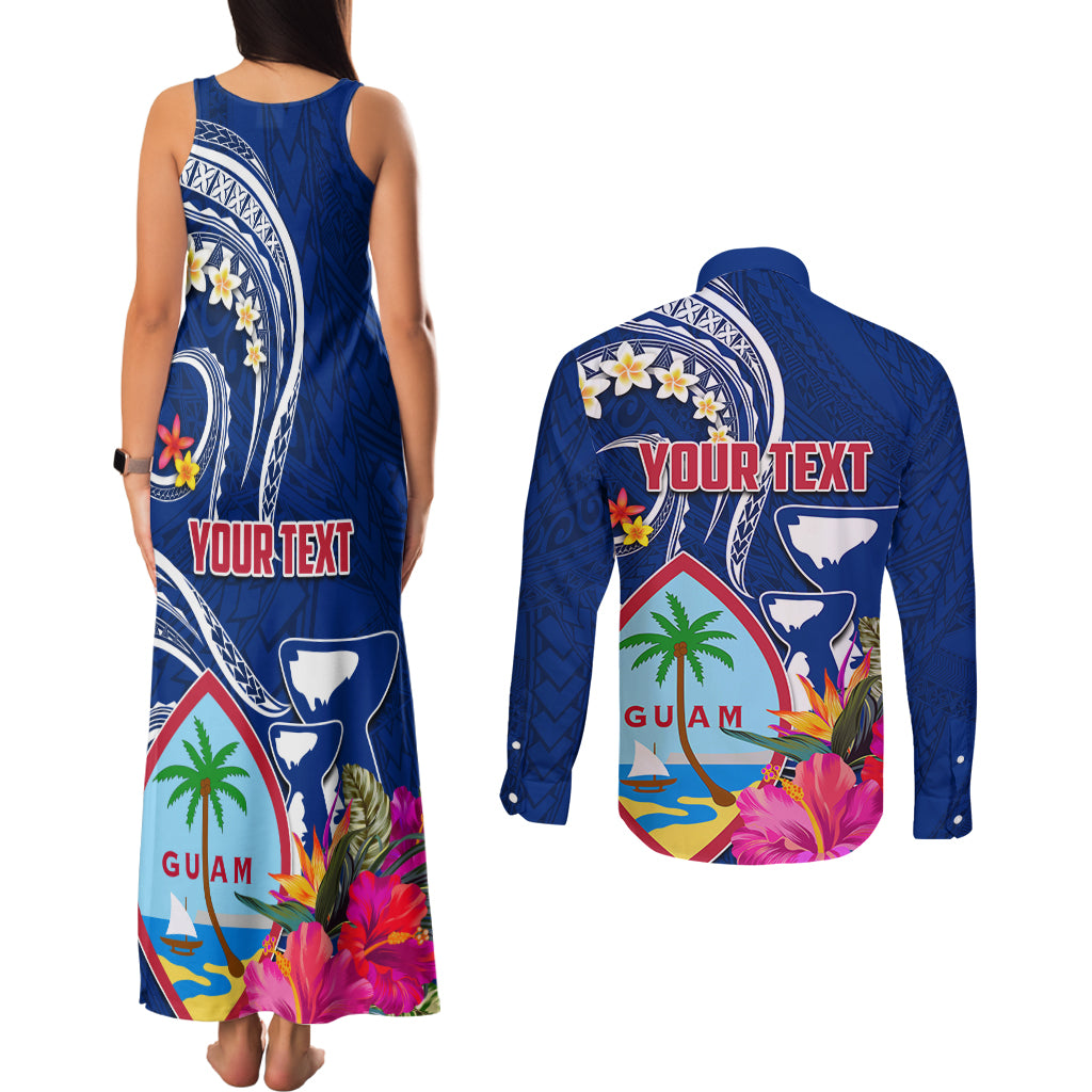 Guam Liberation Couples Matching Tank Maxi Dress and Long Sleeve Button Shirt Latte Stone and Guahan Seal Jungle Flower