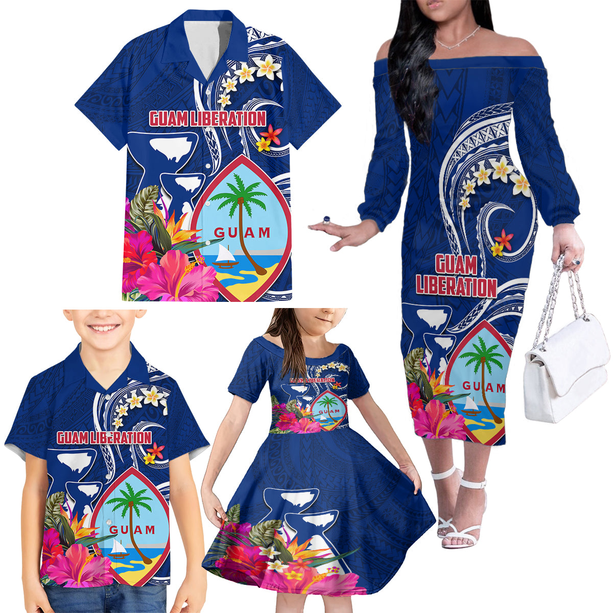 Guam Liberation Family Matching Off The Shoulder Long Sleeve Dress and Hawaiian Shirt Latte Stone and Guahan Seal Jungle Flower