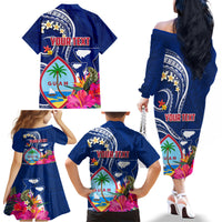 Guam Liberation Family Matching Off The Shoulder Long Sleeve Dress and Hawaiian Shirt Latte Stone and Guahan Seal Jungle Flower