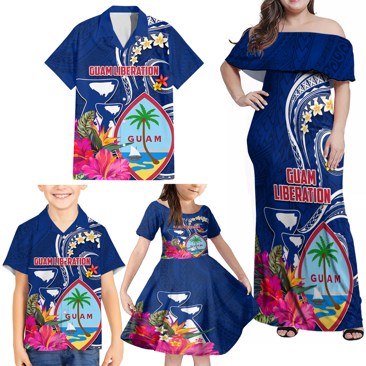 Guam Liberation Family Matching Off Shoulder Maxi Dress and Hawaiian Shirt Latte Stone and Guahan Seal Jungle Flower