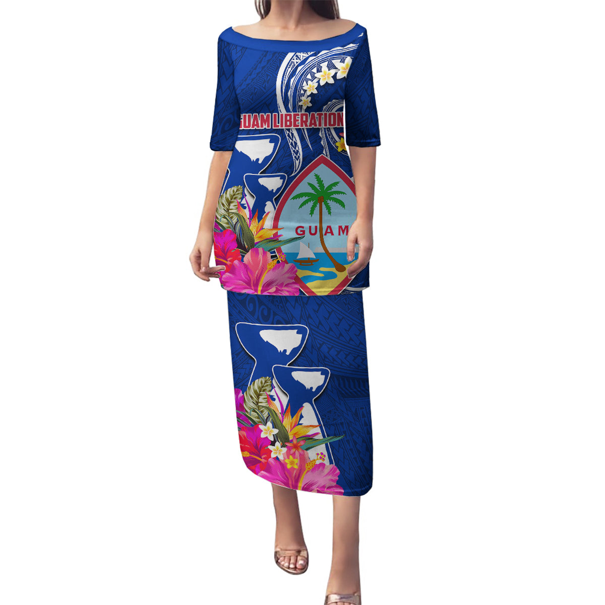 Guam Liberation Family Matching Puletasi and Hawaiian Shirt Latte Stone and Guahan Seal Jungle Flower