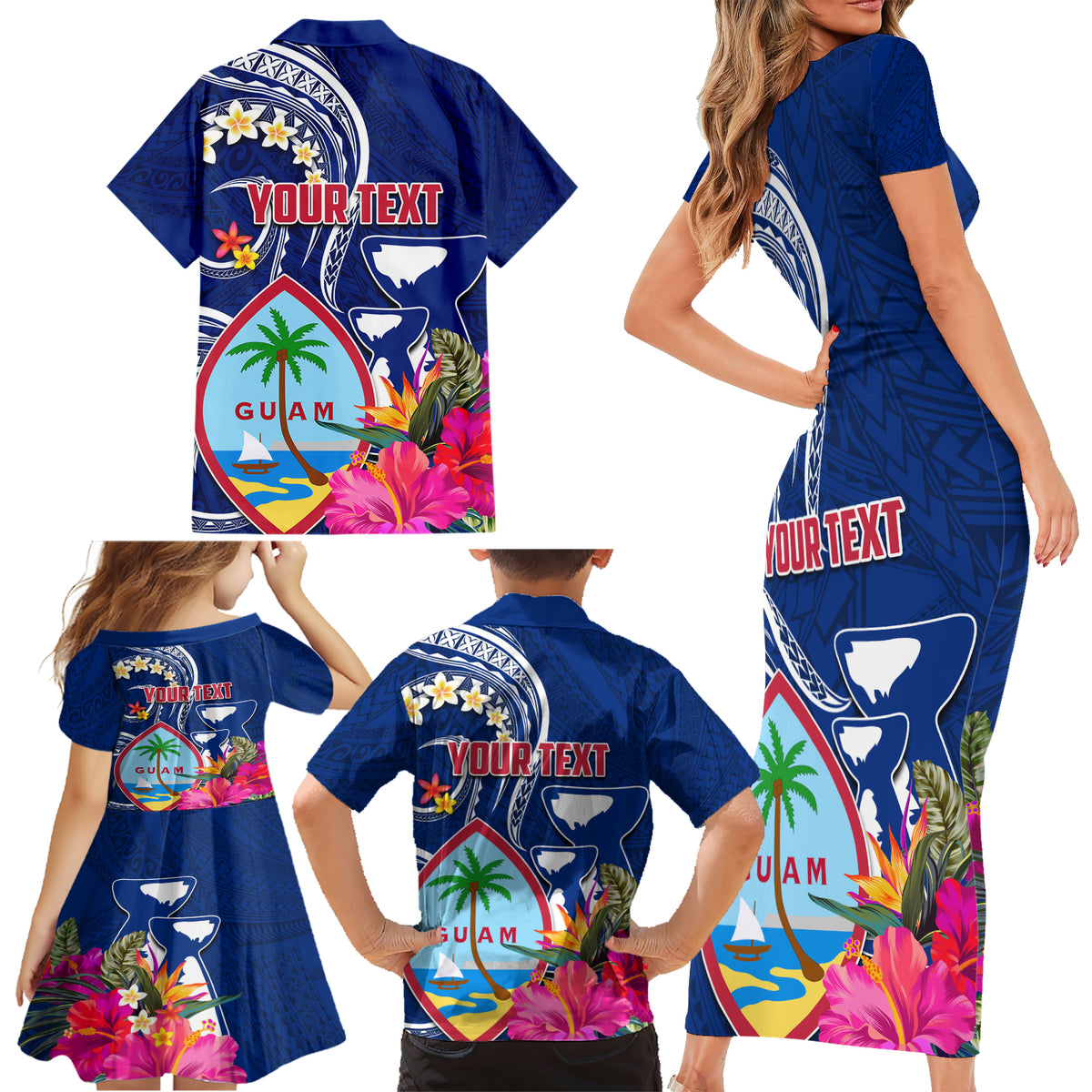 Guam Liberation Family Matching Short Sleeve Bodycon Dress and Hawaiian Shirt Latte Stone and Guahan Seal Jungle Flower