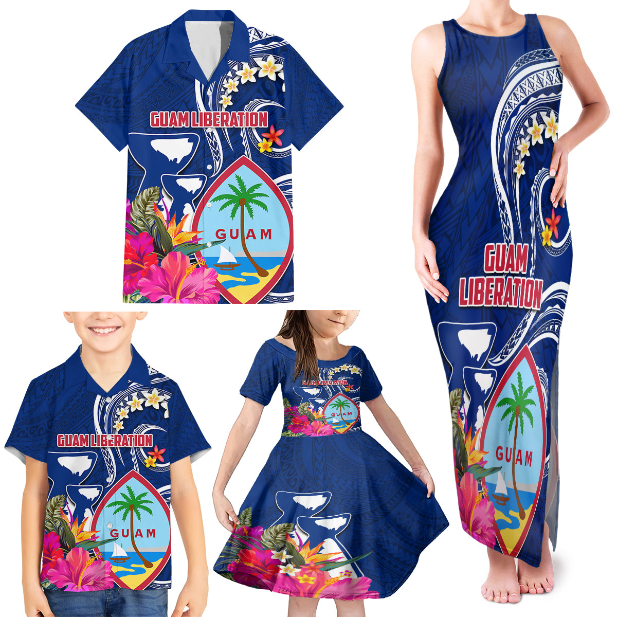 Guam Liberation Family Matching Tank Maxi Dress and Hawaiian Shirt Latte Stone and Guahan Seal Jungle Flower