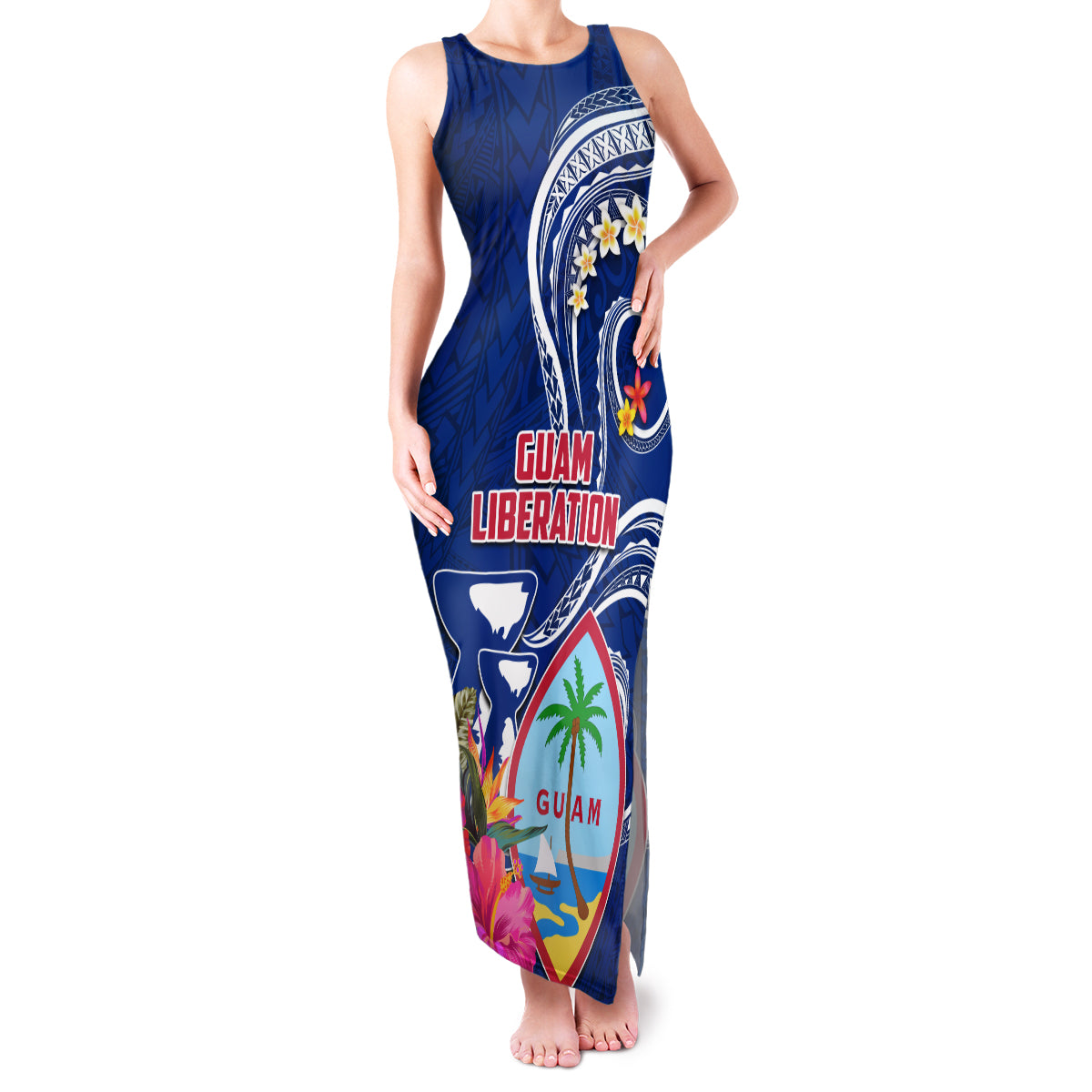 Guam Liberation Family Matching Tank Maxi Dress and Hawaiian Shirt Latte Stone and Guahan Seal Jungle Flower