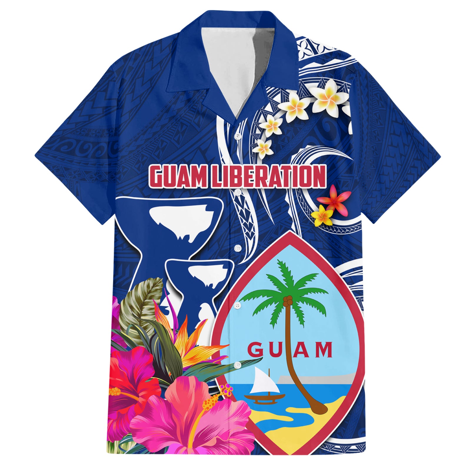 Guam Liberation Hawaiian Shirt Latte Stone and Guahan Seal Jungle Flower