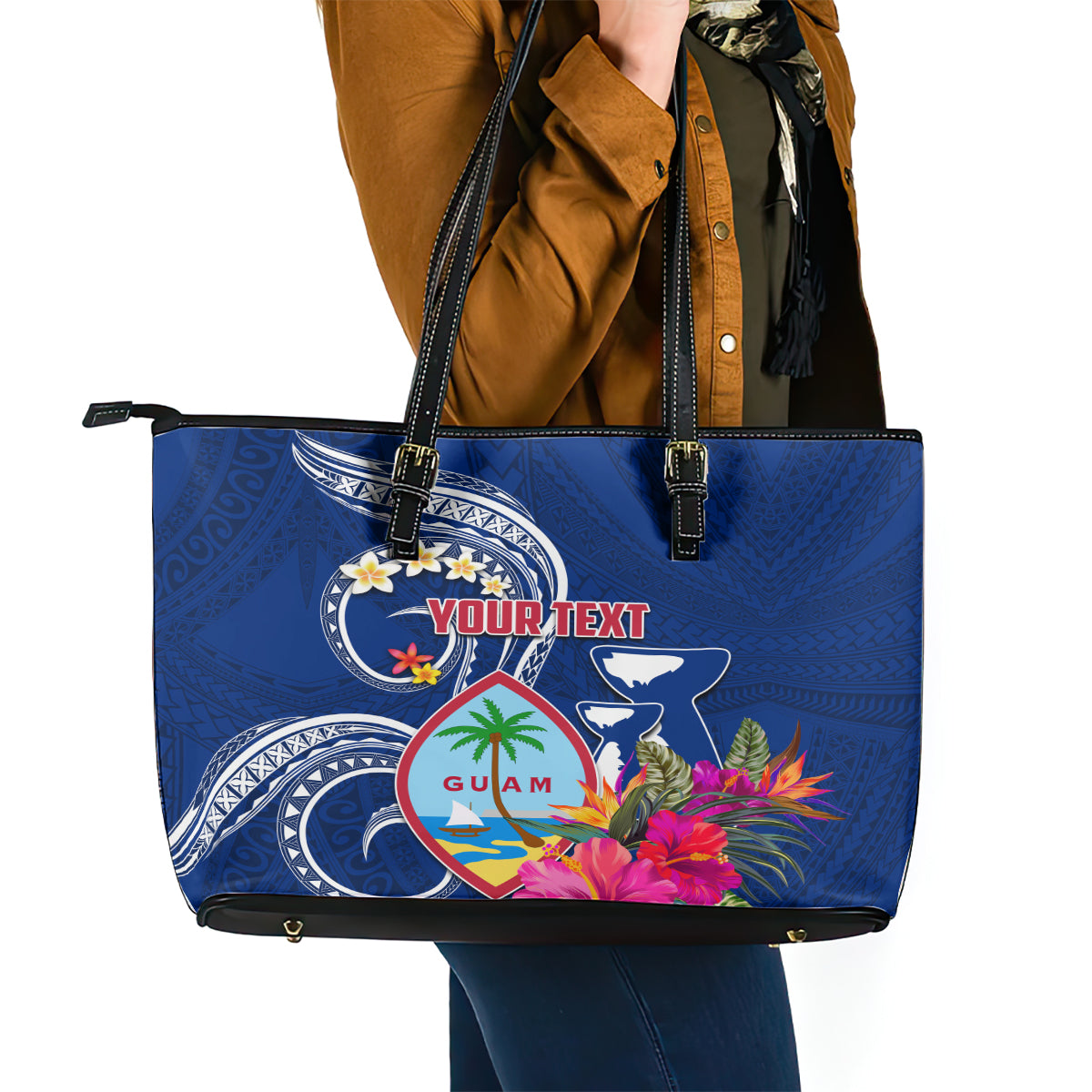 Personalised Guam Liberation Leather Tote Bag Latte Stone and Guahan Seal Jungle Flower