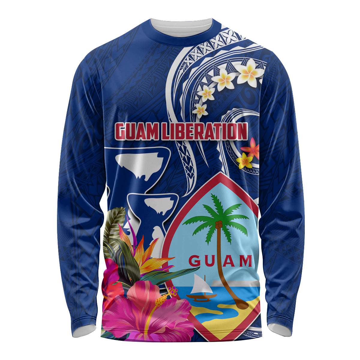 Guam Liberation Long Sleeve Shirt Latte Stone and Guahan Seal Jungle Flower