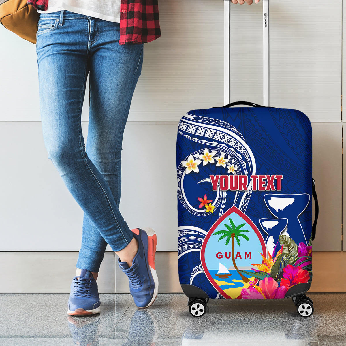 Personalised Guam Liberation Luggage Cover Latte Stone and Guahan Seal Jungle Flower